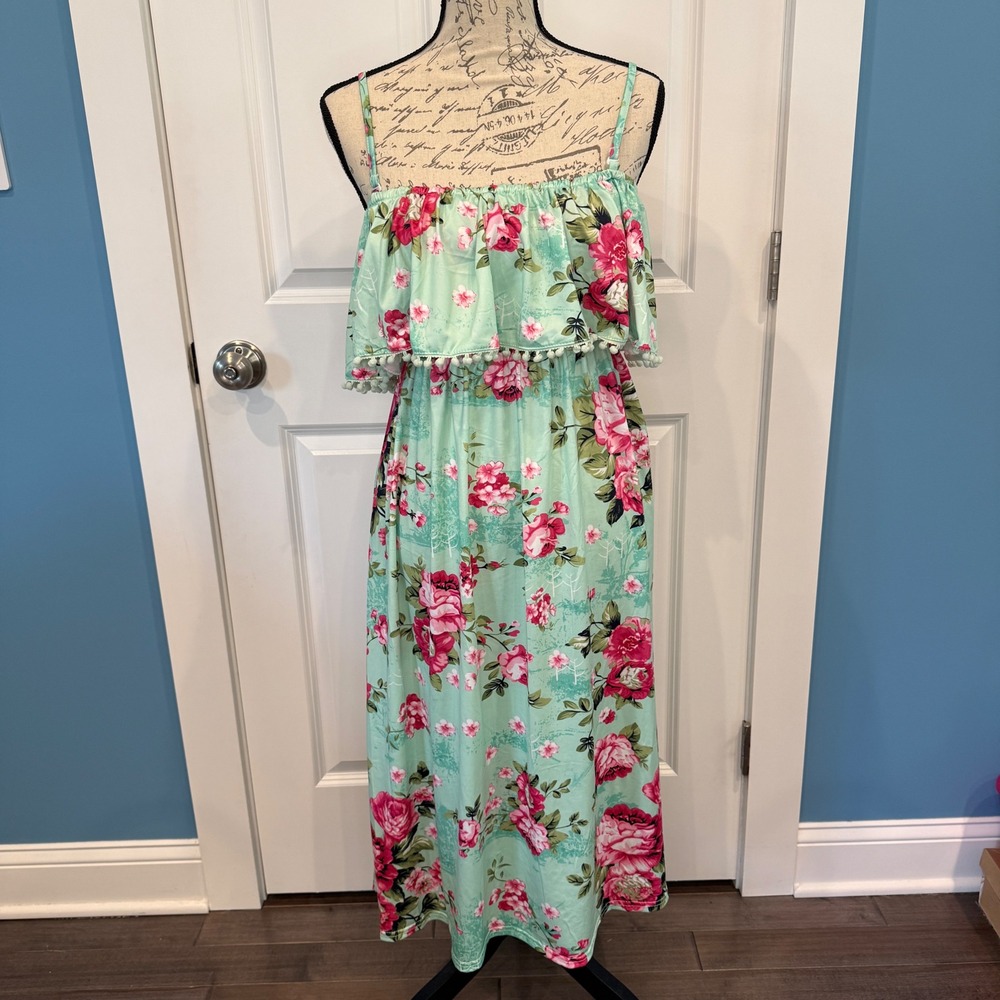 Floral Mint Green Pom Pom Trim Flounce‎ Maxi Dress Pink Roses Size Small